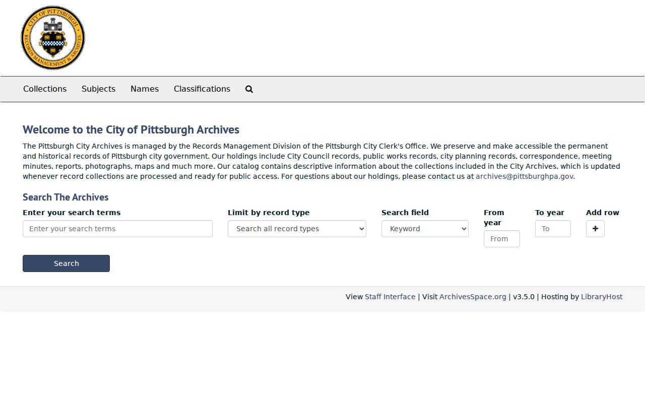Pittsburgh city directory research City Archives catalog search screen
