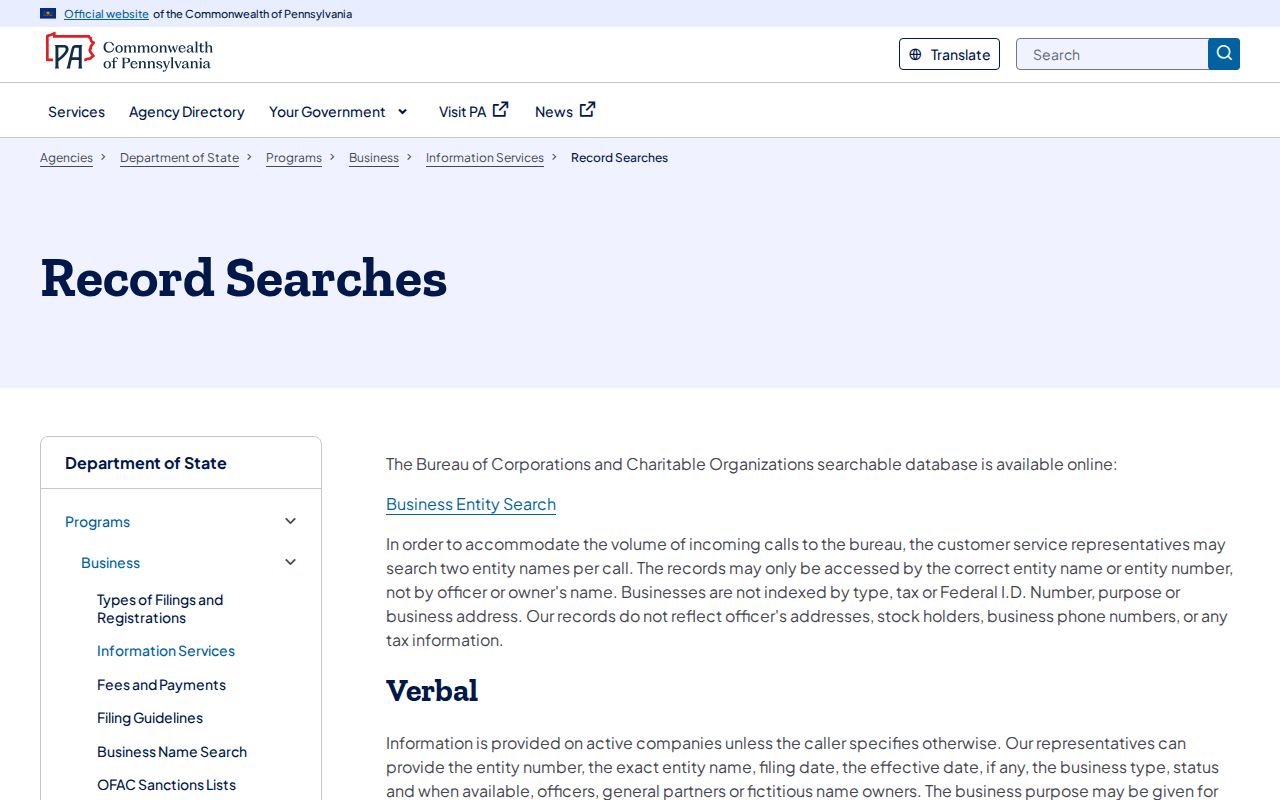 Pittsburgh residents directory Pennsylvania business record search guidance