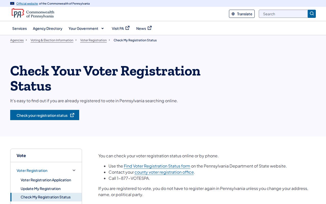 Pittsburgh residents directory Pennsylvania voter registration status service