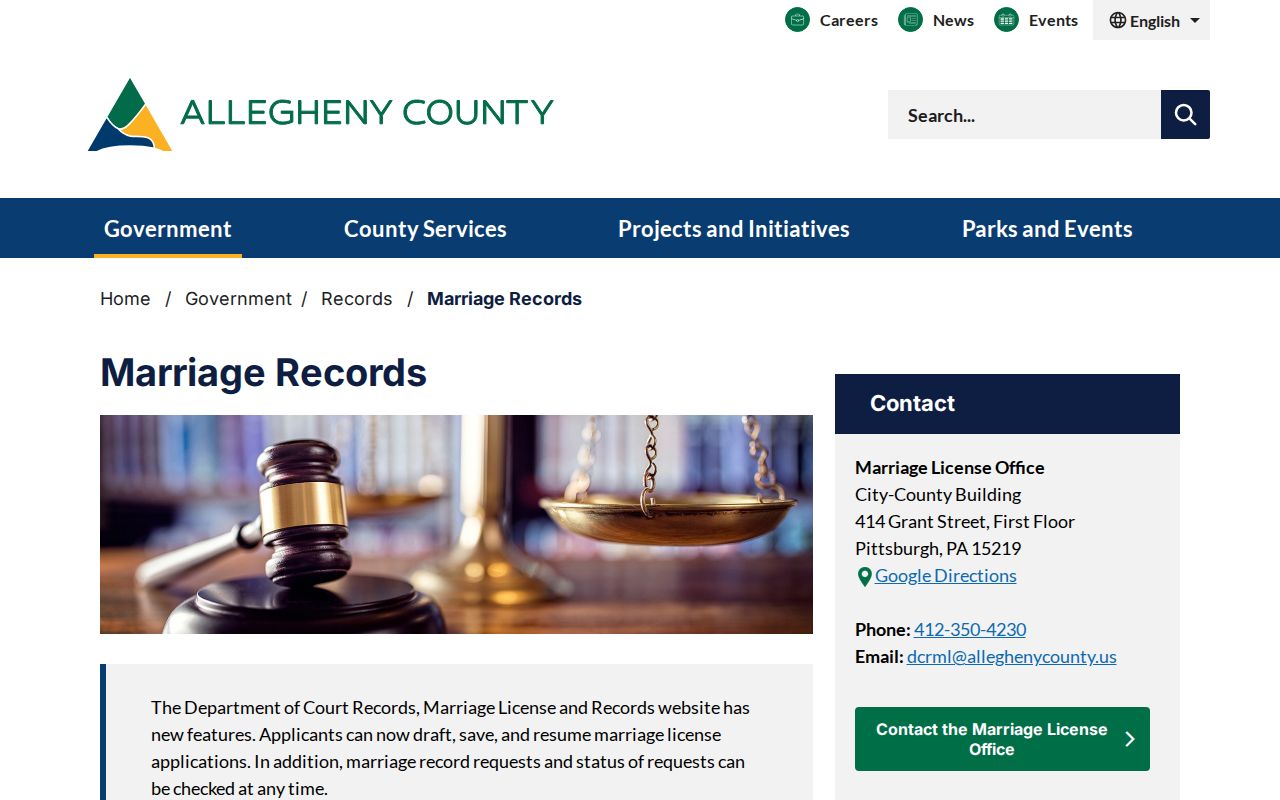 Pittsburgh resident lookup at the Allegheny County marriage-record access page