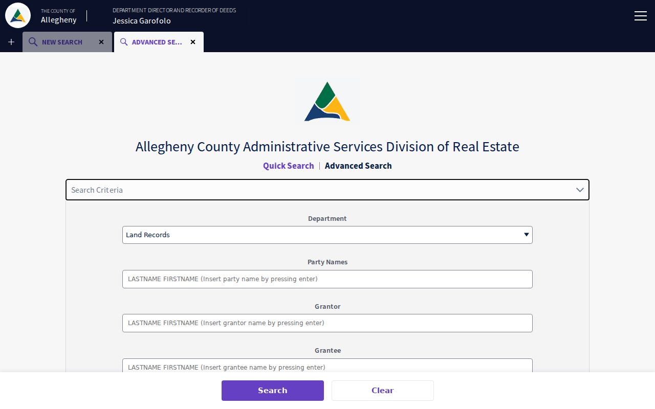 Pittsburgh street directory DRE advanced grantor grantee and PIN search